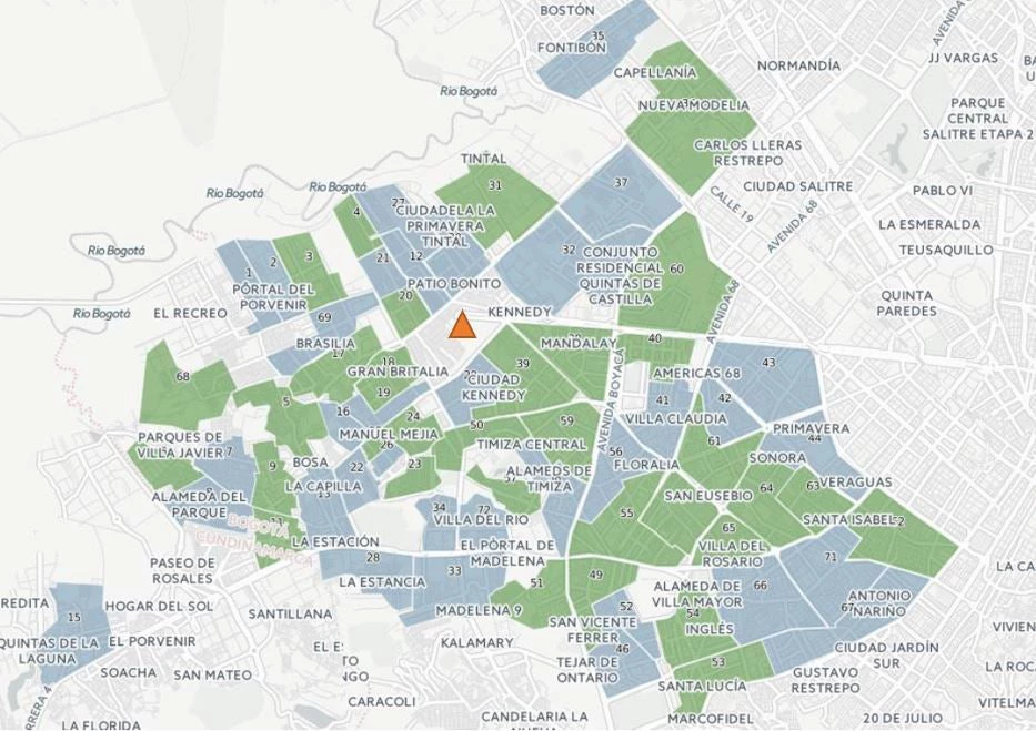 Note: treatment blocks in gray, control blocks in green (Corabastos indicated by red diamond).