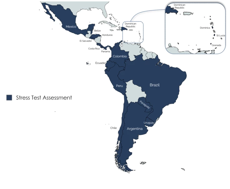 Map: Latin American and Caribbean countries covered by Stress Test Assessments