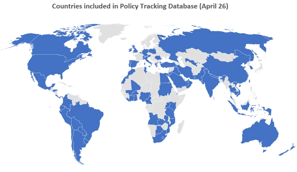 Map of countries included in the Digital Development COVID-19 policy tracking database (April 26, 2020).