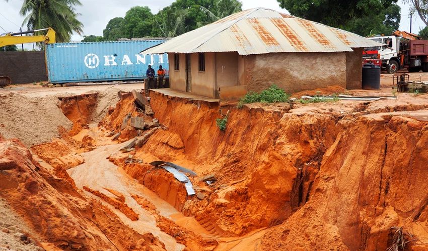 Damaged and flooded houses after Cyclone Kenneth.