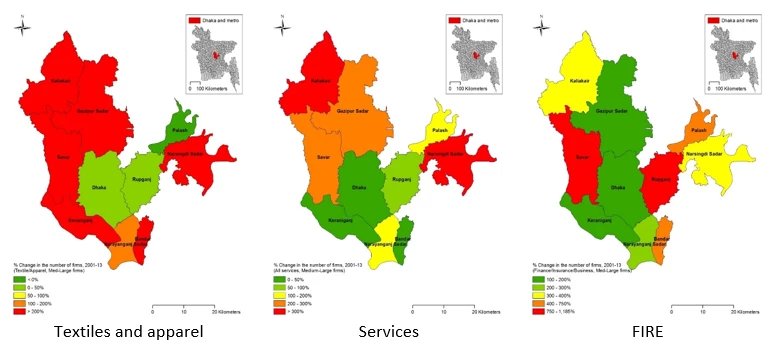 Percent change in medium and large firms, for different sectors 2001-13. 