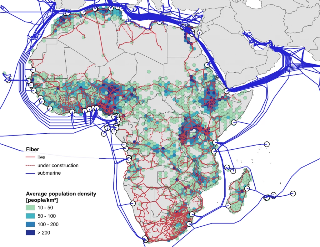 Visualization of fiber infrastructure in Africa and population density, showing unserved regions. Total population is estimated for each 10,000 km2 hexagon; those with populations below 100,000 are excluded. Source: Network Startup Resource Center, TeleGeography, and European Commission.
