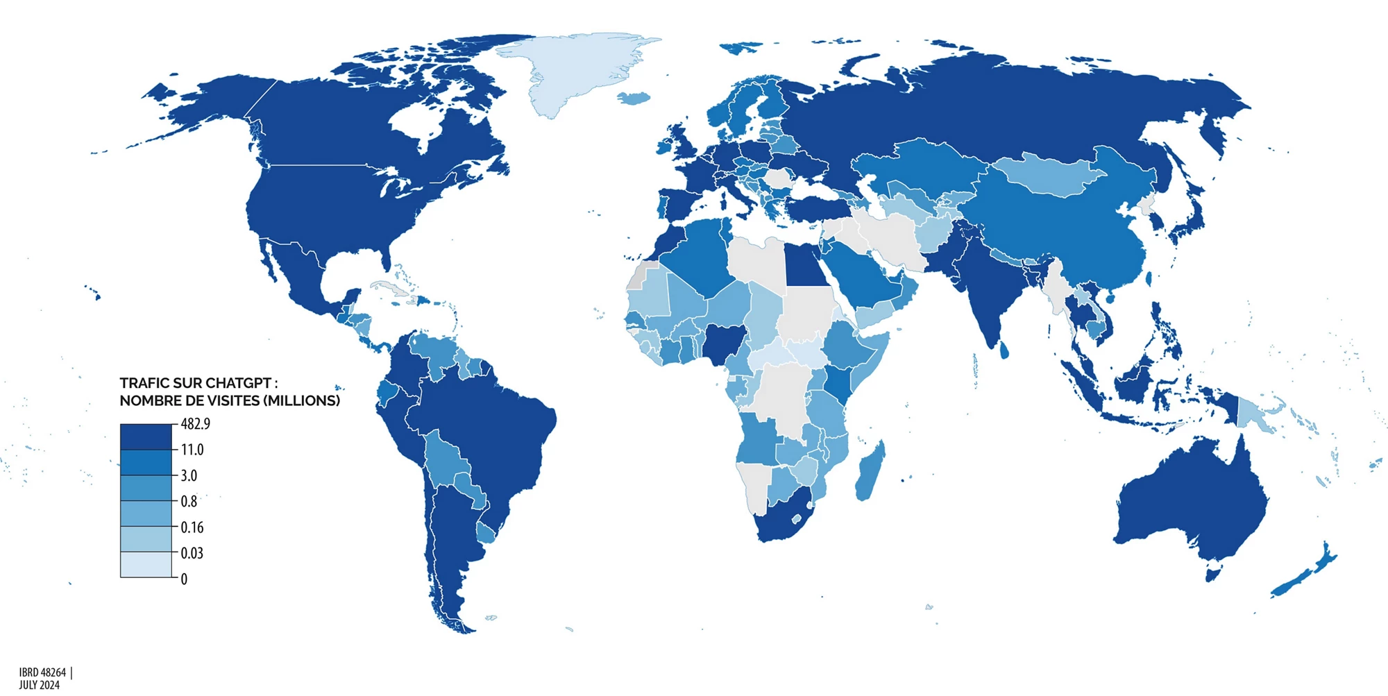 Figure 2. L’IA générative a conquis la planète : en mars 2024, ChatGPT recensait des utilisateurs dans 209 économies sur 218