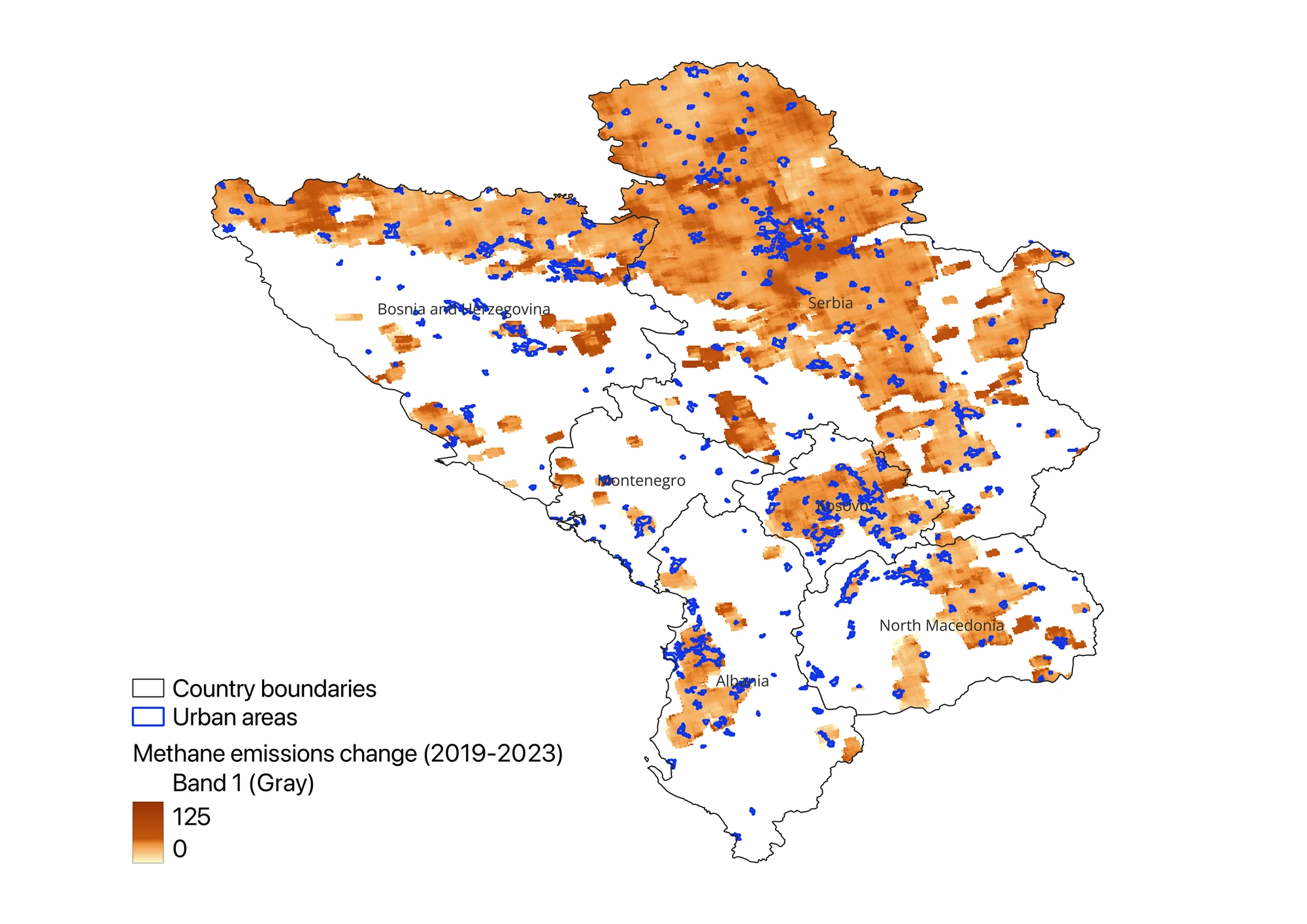 Map showing methane growth rate in country boundaries and urban areas in the Western Balkans.