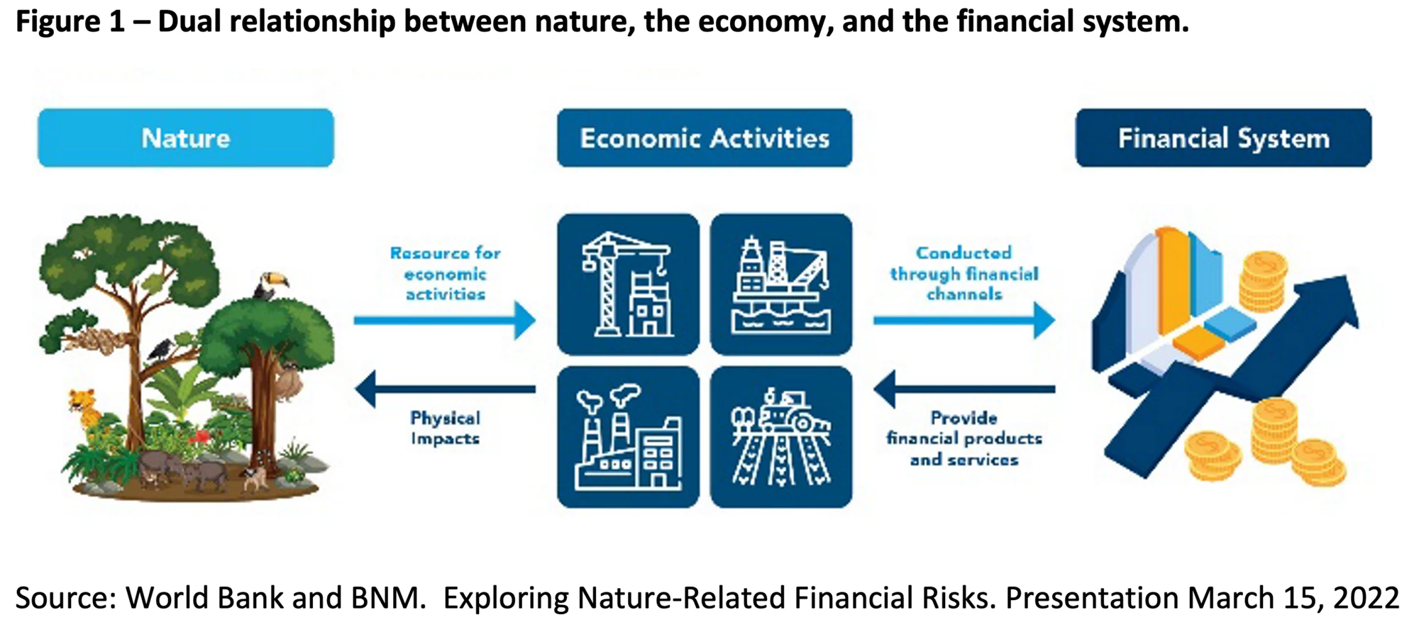 Illustration of the dual relationship between nature, the economy, and the financial system in Malaysia