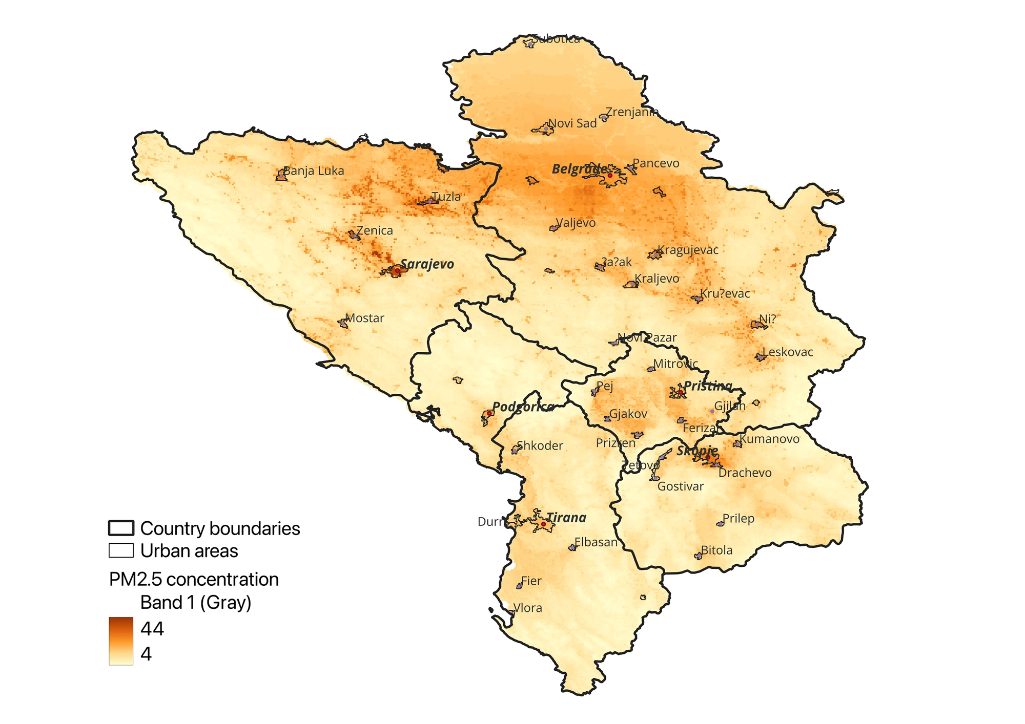 Map showing annual average PM2.5 concentration in cities in the Western Balkans.
