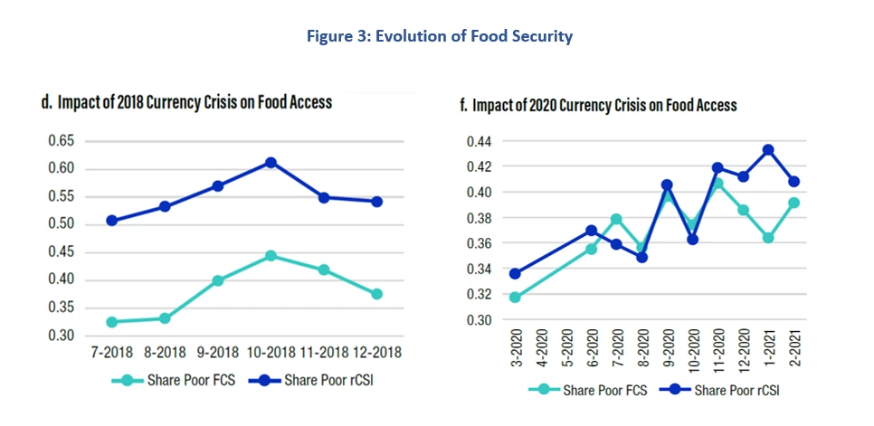 Two graphs show the impact of the currency crisis on food access in 2018 and 2020.