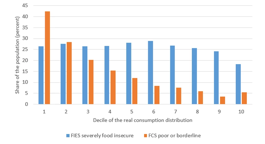 Figure 1. Poor or borderline FCS values are much more prevalent in the lower deciles of the monetary consumption distribution, but this is less clear for severe food insecurity as per the FIES
