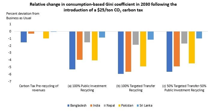 Applying the CPAT model shows that carbon taxation results in reduced inequality in selected South Asian countries.