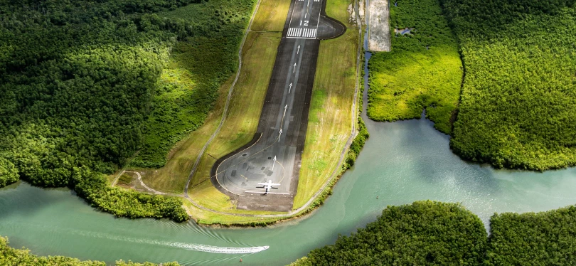 A photo of an aerial view of airport on Grande-Terre, Guadeloupe, Lesser Antilles, Caribbean.