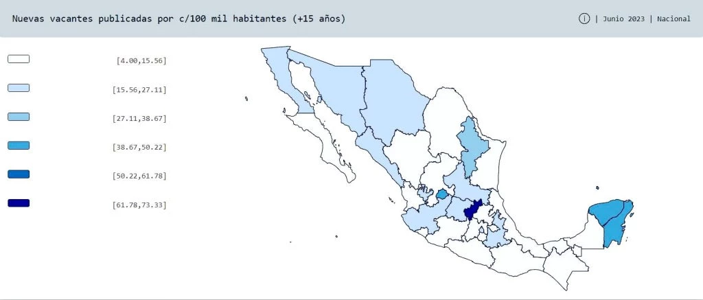 Mapa con ejemplo de datos disponibles. La ilustración muestra el número de vacantes mensuales por cada cien mil habitantes (15 años o más).