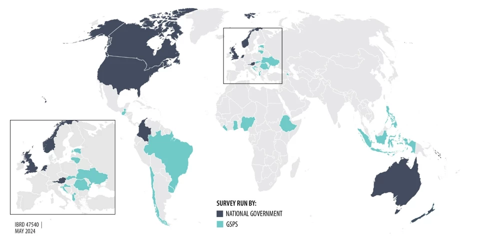 World Map showing Figure 1. Country coverage of the Global Survey of Public Servants (v2.0)