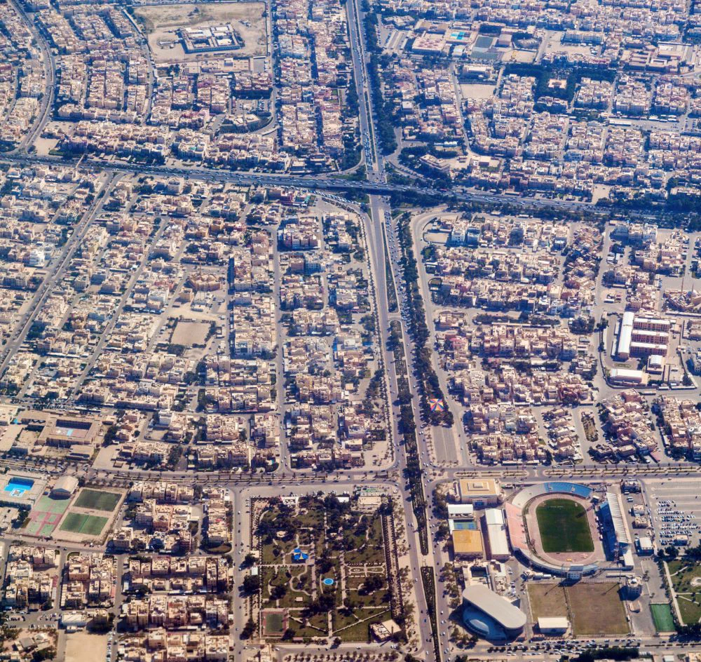 Aerial view of landscape and housing in Kuwait City, Kuwait