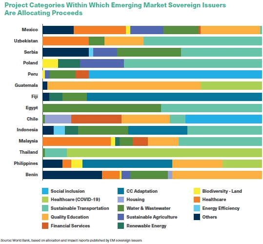 A bar chart showing Poject categories in countries