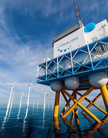 Hydrogen renewable offshore energy production - hydrogen h2 gas for clean electricity solar and windturbine facility. 3d rendering.