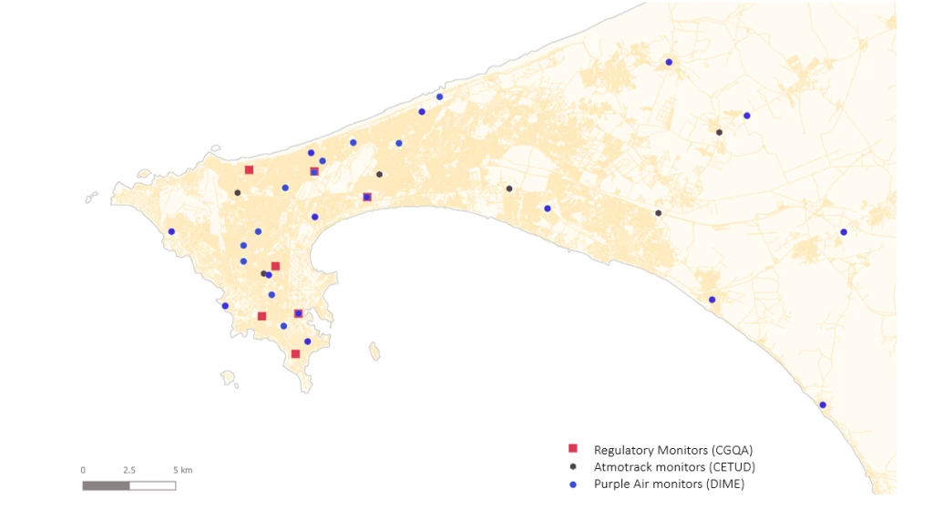 Image 1 : Deployment of low-cost PurpleAir and Atmotrack monitors, as well as regulatory monitors across the Dakar Region