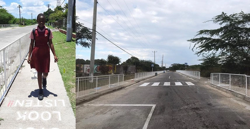 A young student walks on a safe route to school.