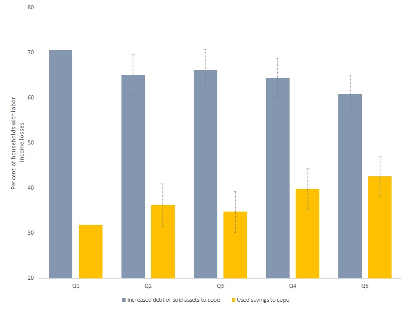 Poorer households have relied more on coping mechanisms that increase their debt or involve the sale of scarce assets, whereas wealthier households have been more able to rely on savings