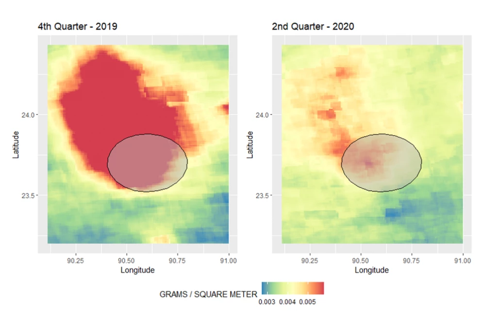 Mean NO2 emissions in Dhaka, Bangladesh in April 2019 (left) and April 2020 (right). 20 km circle drawn on map.