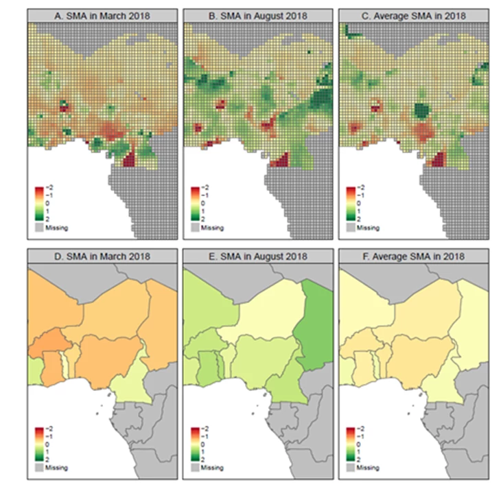 SMA Index: March, August, and Yearly Average at the Grid and Country Level for 2018