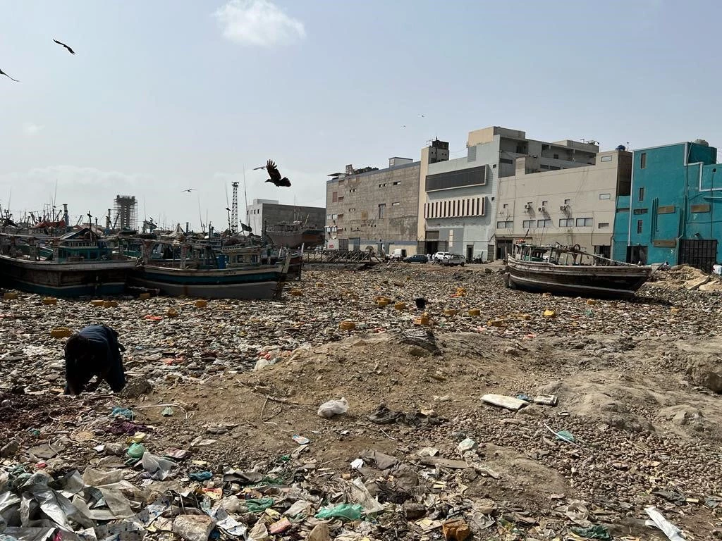 Karachi Harbor in Pakistan with marine pollution