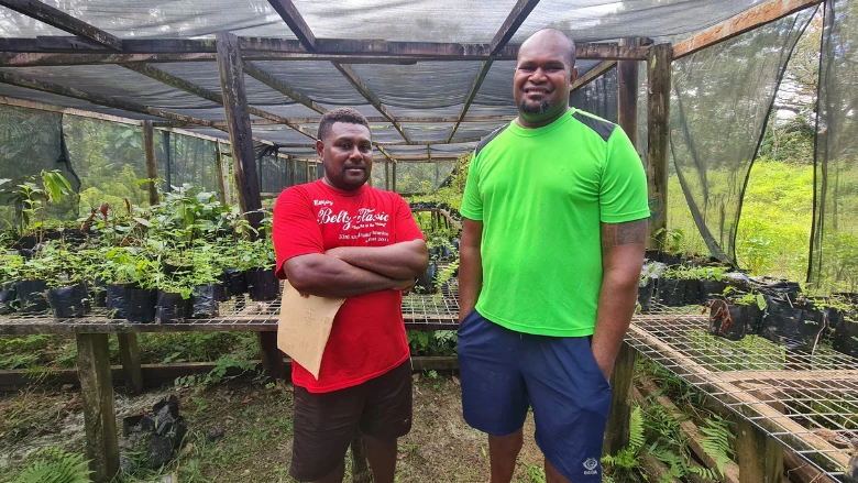 Nadroumai Village headman, Jovesa Vaileba (left) pictured here with village spokesman, Ravuwame Kunavula (right) in their community plant nursery. © World Bank