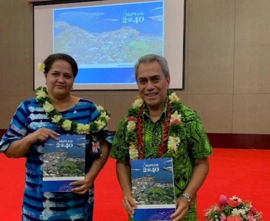 Maeva with the Samoan Minister of Finance at the launch of the Samoa 2040 development strategy