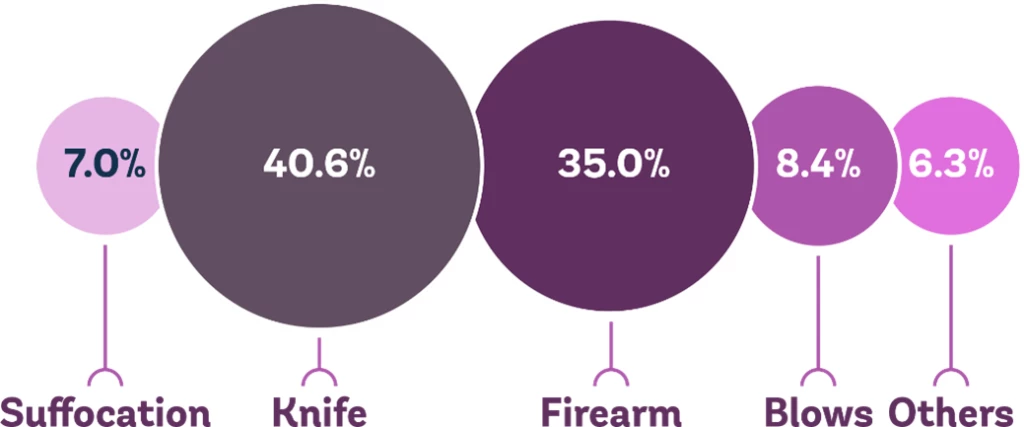 The mechanisms used by perpetrators of femicides in Paraguay are knives (40.6%) or firearms (35.0%).