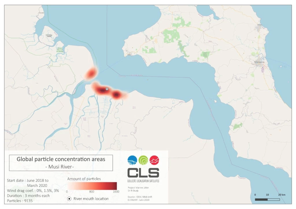 Maps showing plastic accumulation spotsparticle concentration areas based on particle drift simulations conducted from June 2018 to March 2020. The red dots in the maps are spots where the plastic particles accumulatethe plastic accumulation areas, while the intensity of the dots reflects the number of particles. Source: CLS Argos Indonesia