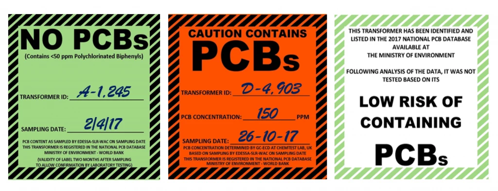 PCB label system - green, orange, and white for different pollutants.