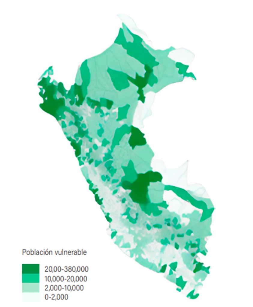 Gráfico 2. Vulnerabilidad por distrito, 2021 (Porcentaje de la población total). Fuente: Estimación de pobreza y vulnerabilidad usando información de la SEDLAC y líneas de pobreza internacional.