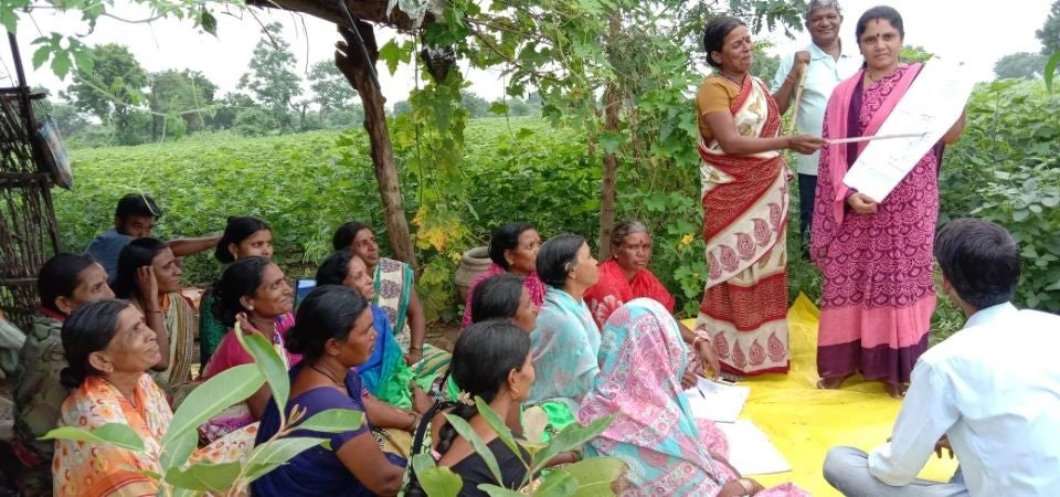 Un grupo de agricultores participan en una clase en la aldea de Bhuising en el distrito de Buldhana