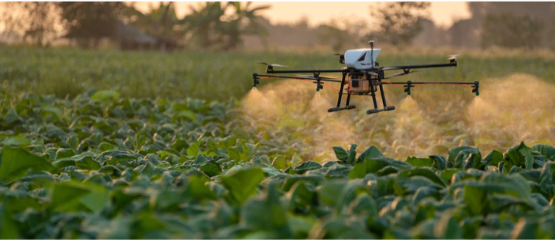 A drone hovering over a green field