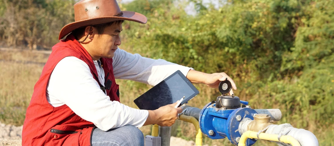 An Asian male mechanic is checking a water supply system pipe.