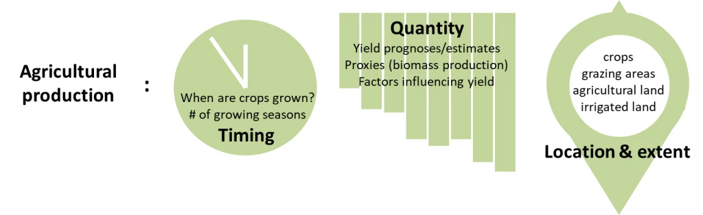 Agricultural production is characterized by three variables: extent (land utilization), timing (cropping intensity), and quantity (crop yield) (Credits: EO4SD-agriculture, eLEAF for ESA/World Bank, 2019)