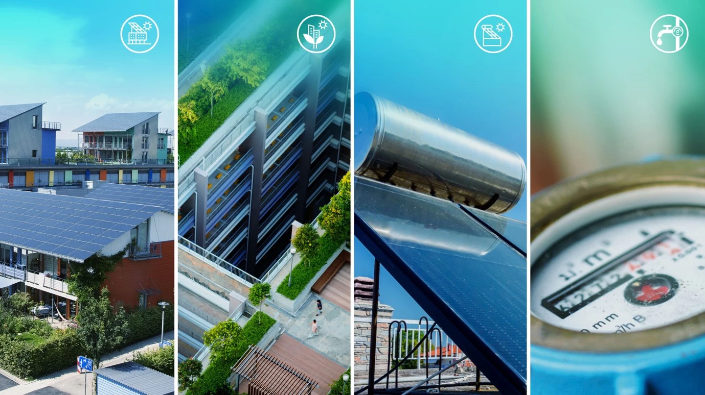 Collage of different solar panels and urban building elements.