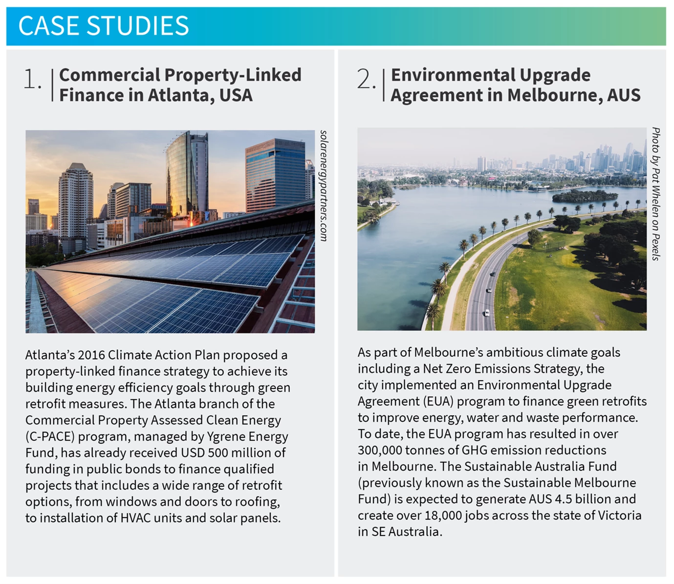 Screenshots of two case studies, one of commercial property-linked finance and the other of environmental upgrade agreement.