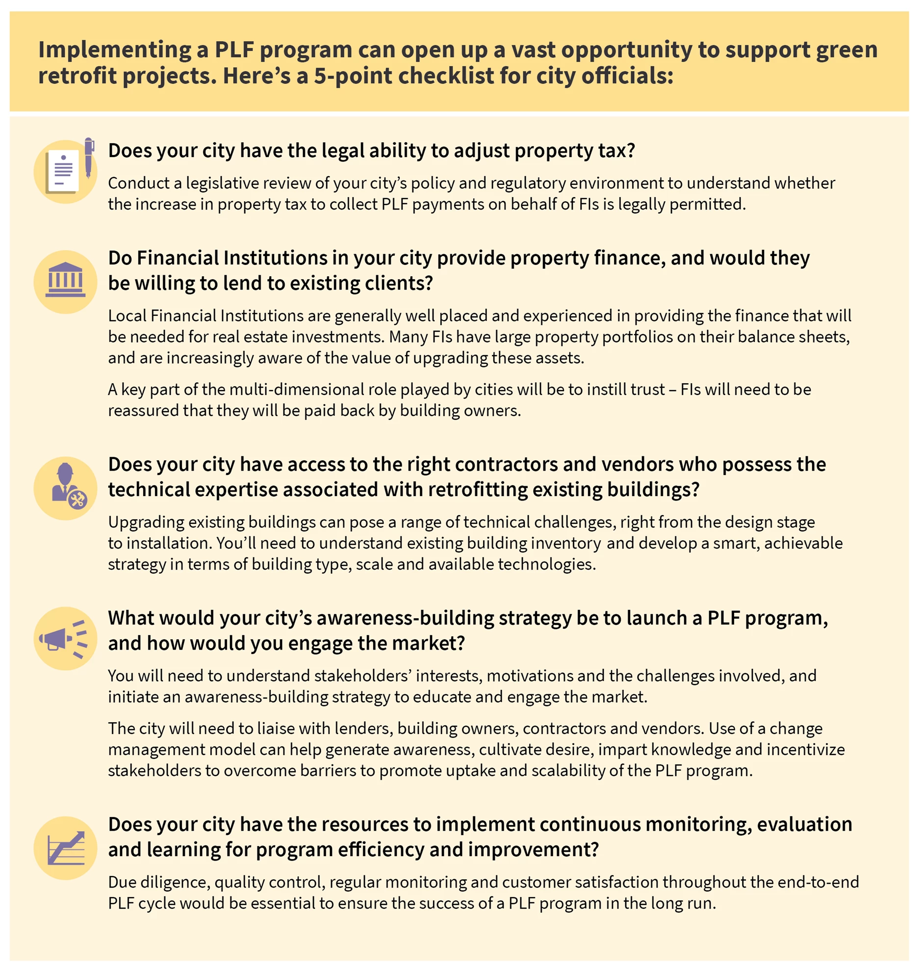 A checklist for city officials implementing a PLF program, which can open an opportunity to support green retrofit projects.