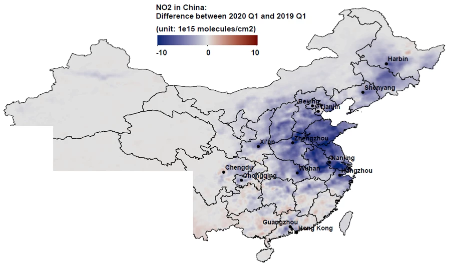 A map of China shoiwng Figure 1. Change in NO2 emissions during Covid-19 lockdowns