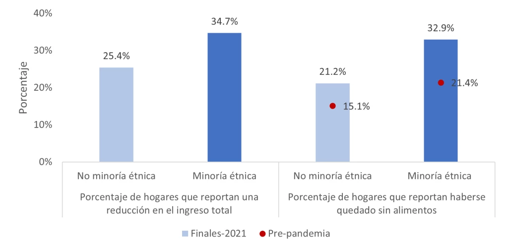 Porcentaje de hogares que reportan una reducción del ingreso total (con respecto a mediados del 2021) y porcentaje de hogares que reportan inseguridad alimentaria durante los 30 días previos a la entrevista y en la prepandemia, por grupo étnico 