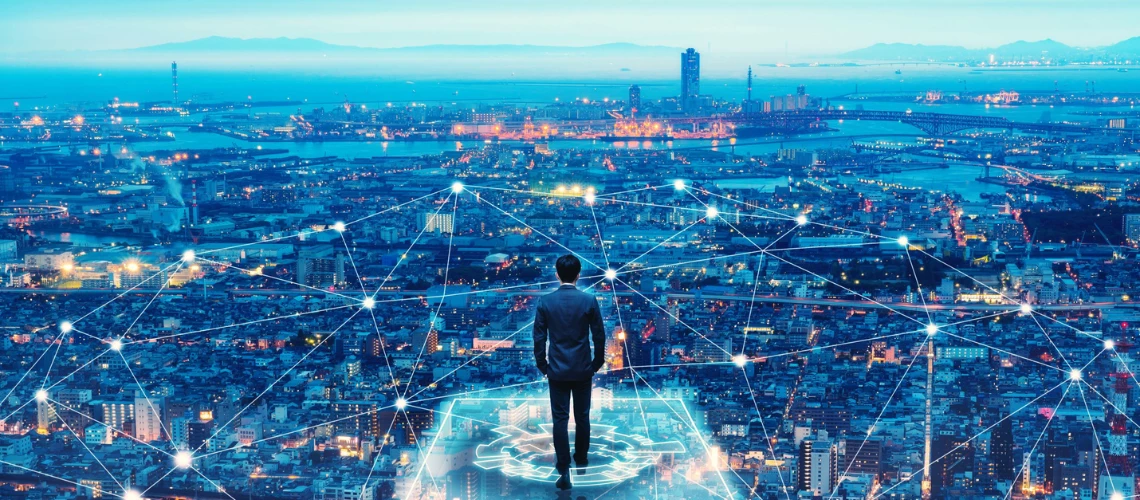 Professional business man walking on future network city background and futuristic interface graphic at night