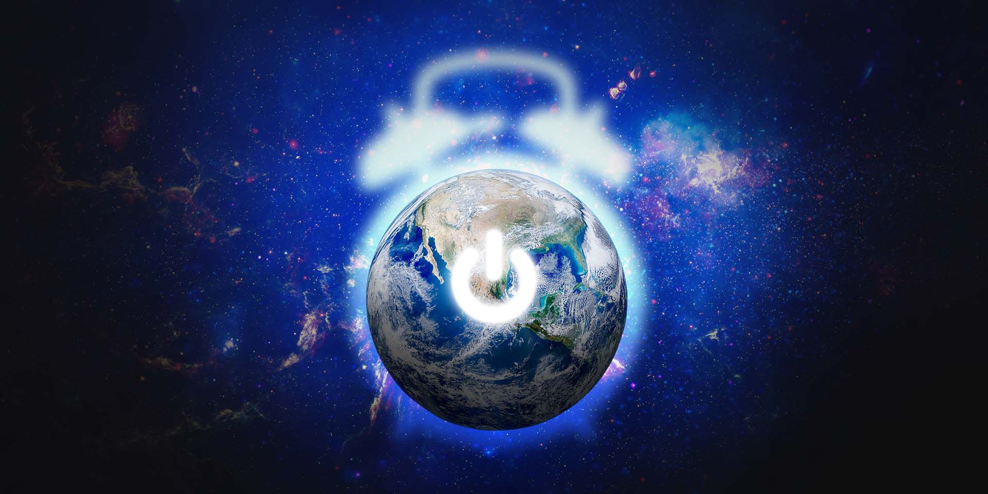 Earth Hour, Ecology and Environmental Concept : Blue planet earth in alarm clock with electric power button and universe space in background. (Elements of this image furnished by NASA.)