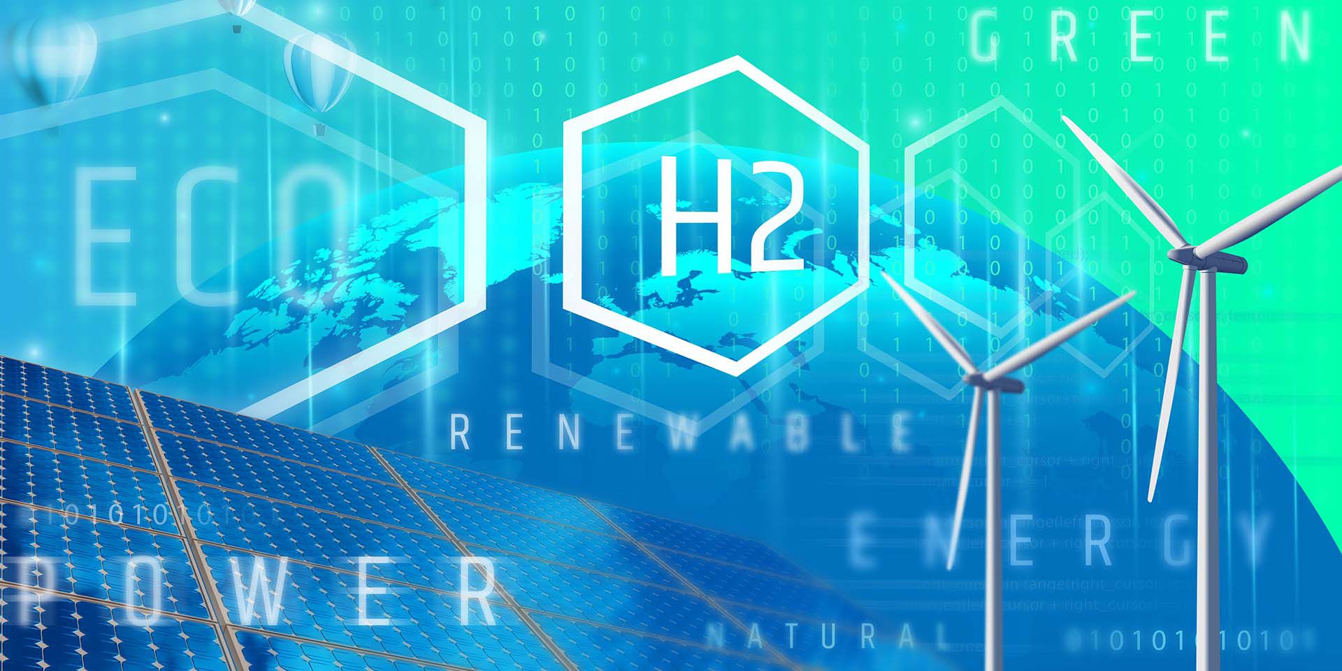 Ecology energy solution. Power to gas concept. Hydrogen energy storage with renewable energy sources - photovoltaic and wind turbine power plant in a fresh nature. 3d rendering.