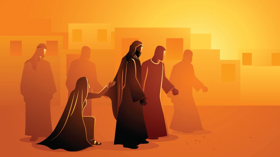 Biblical vector illustration series. Jesus heals the bleeding woman