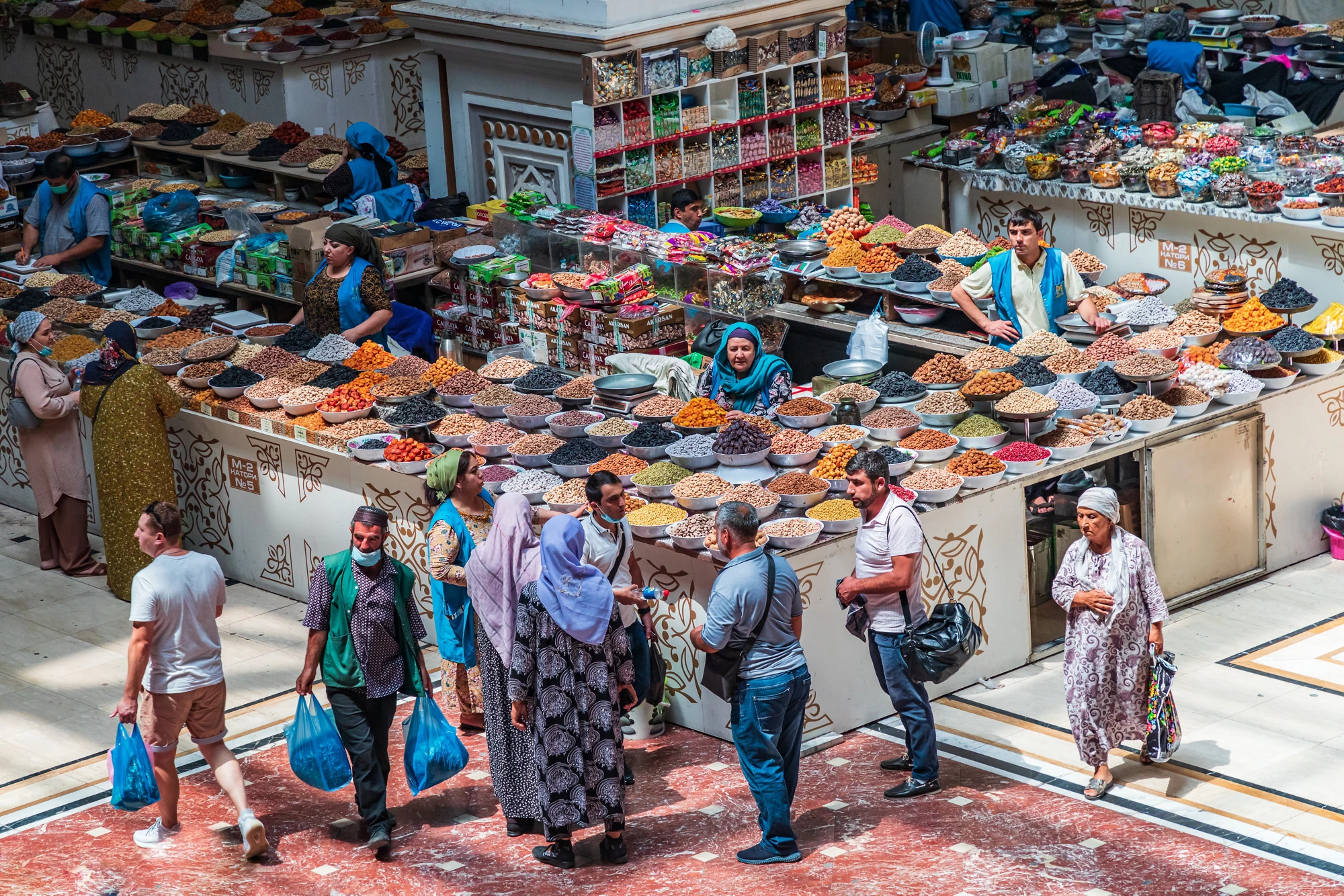 Dushanbe, Tajikistan. August 12, 2021. Shoppers at the Mehrgon Market in Dushanbe.