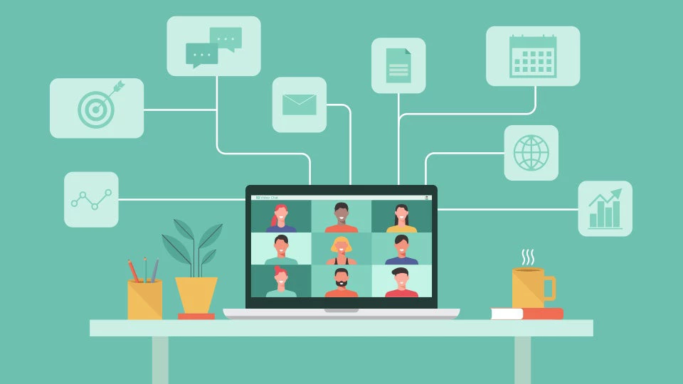 people connecting together, learning or meeting online with teleconference, video conference remote working concept, work from home and work from anywhere, flat vector illustration