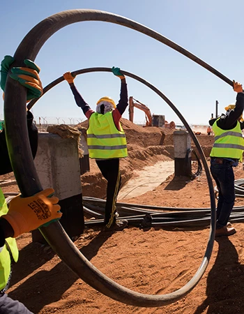 Mega Benban workers carry medium voltage cables in the Benban Solar Park in Benban, Egypt on December 11, 2018. Photo Â© Dominic Chavez/International Finance Corporation
