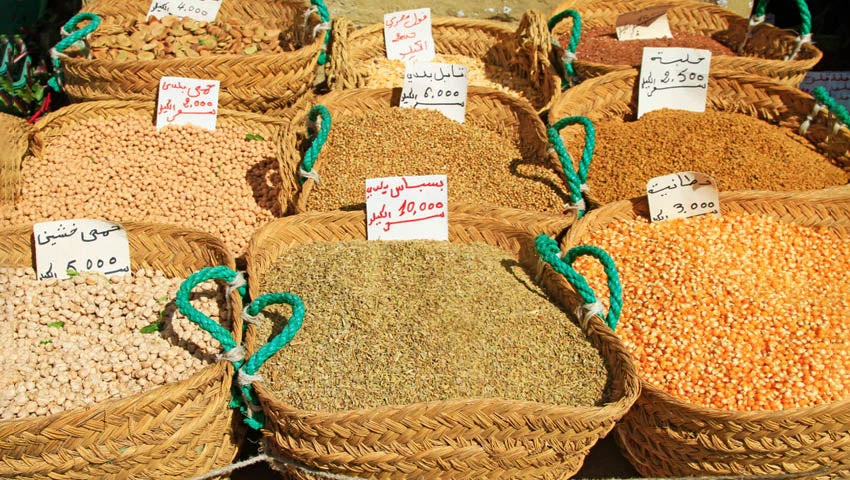 Different assortments of seeds, wheat, corn, spices and dried fruit displayed in buckets or bags