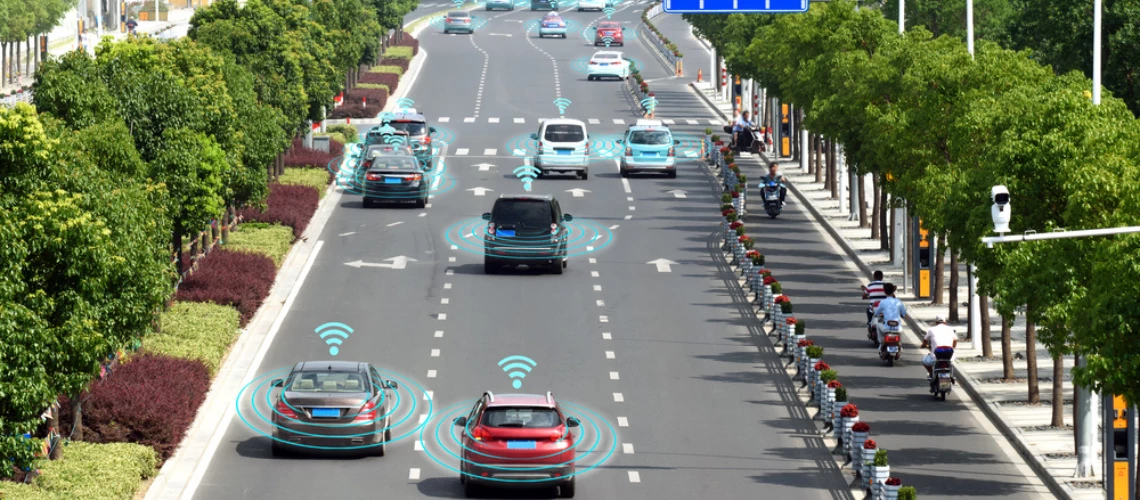 Autonomous self-driving vehicles on a city road 