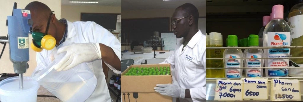 Composing the ingredients for the PharmSan Hand Sanitizer Gel using a motorized stirrer at controllable speed